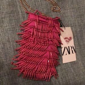 ZARA Magenta Beaded Evening Bag w/ gold tone chain.Brand New.